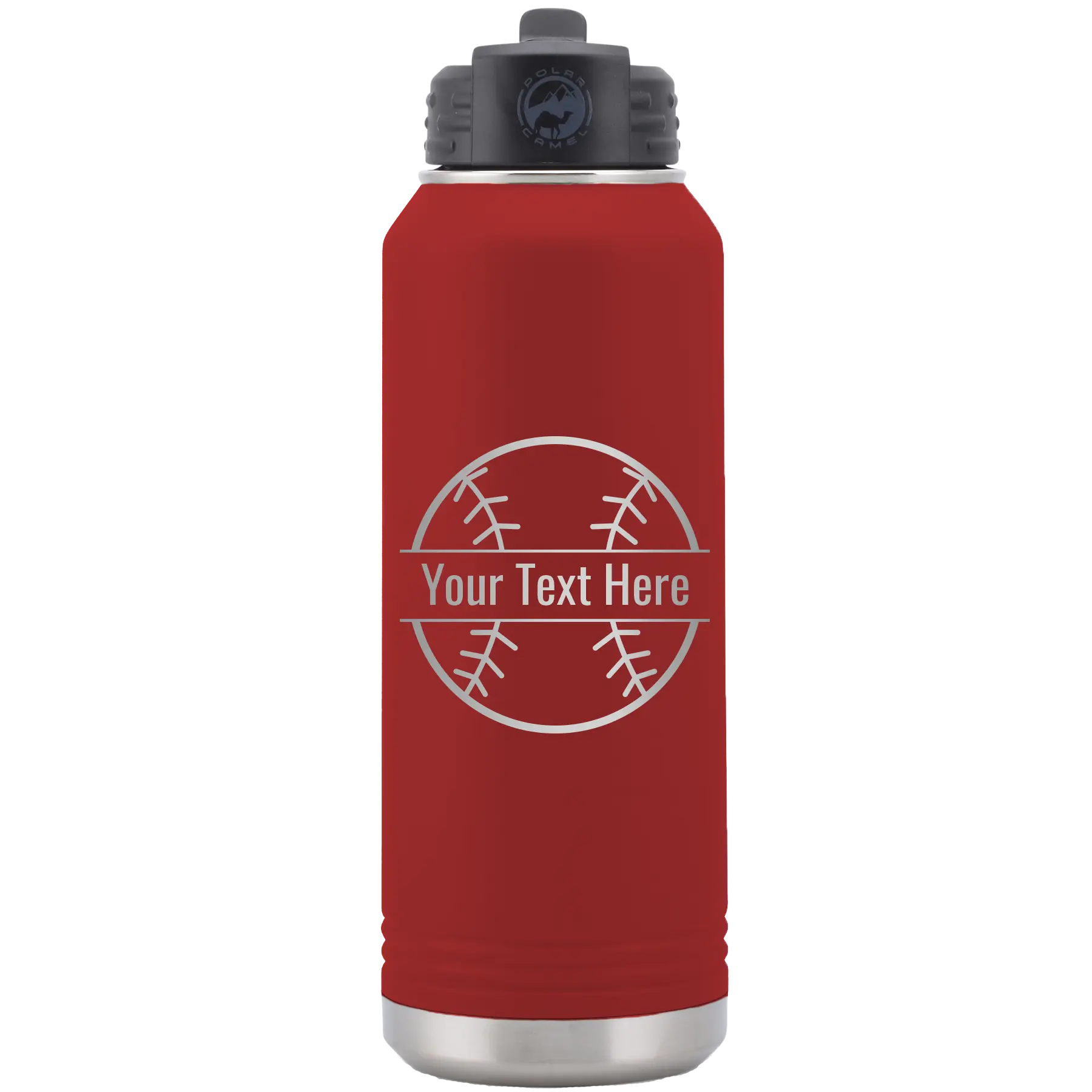 Personalized maroon 32 oz vacuum insulated water bottle with 'Baseball' design
