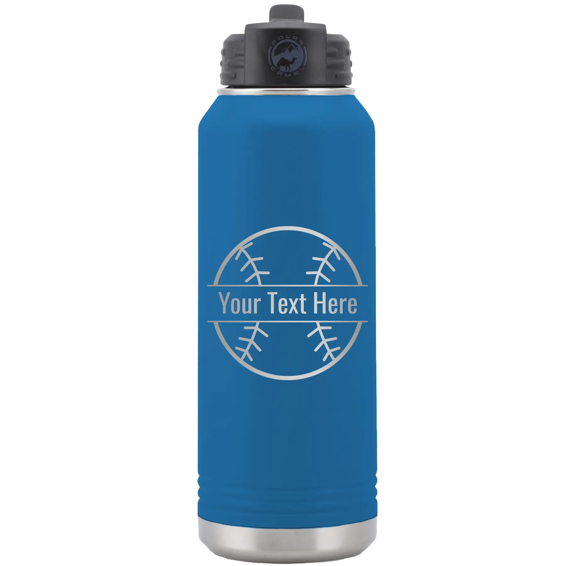 Personalized royal blue 32 oz vacuum insulated water bottle with 'Baseball' design