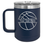 Personalized navy 15 oz vacuum insulated coffee mug with 'Basketball' design