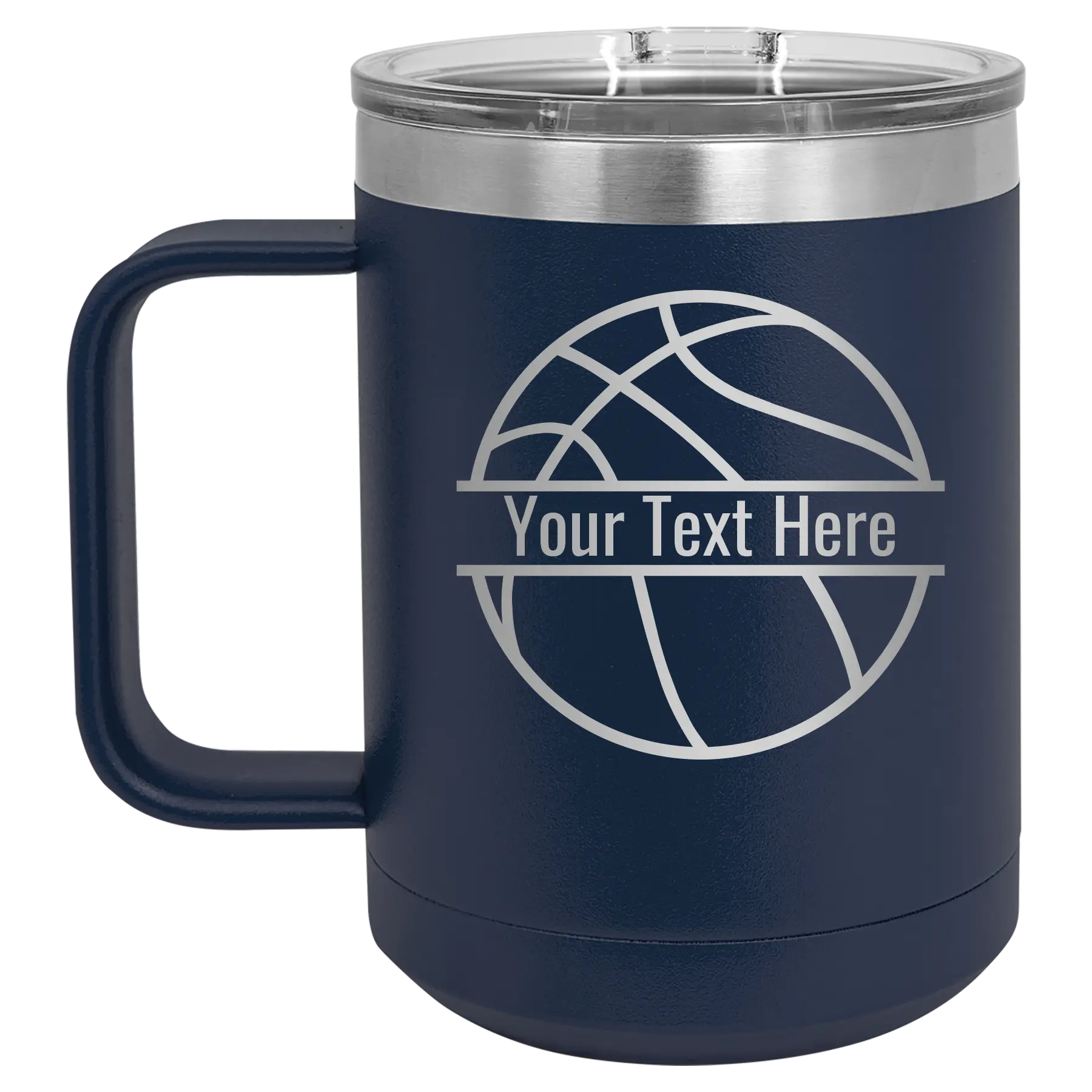 Personalized navy 15 oz vacuum insulated coffee mug with 'Basketball' design