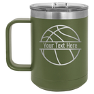 Personalized olive green 15 oz vacuum insulated coffee mug with 'Basketball' design