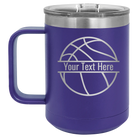 Personalized purple 15 oz vacuum insulated coffee mug with 'Basketball' design