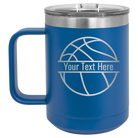 Personalized royal blue 15 oz vacuum insulated coffee mug with 'Basketball' design