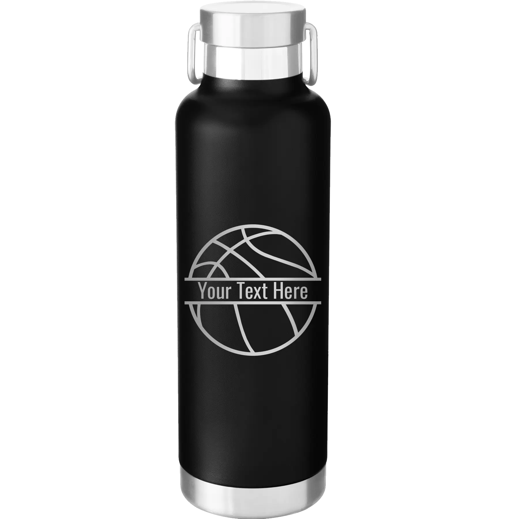 Personalized black 24 oz vacuum insulated water bottle with 'Basketball' design