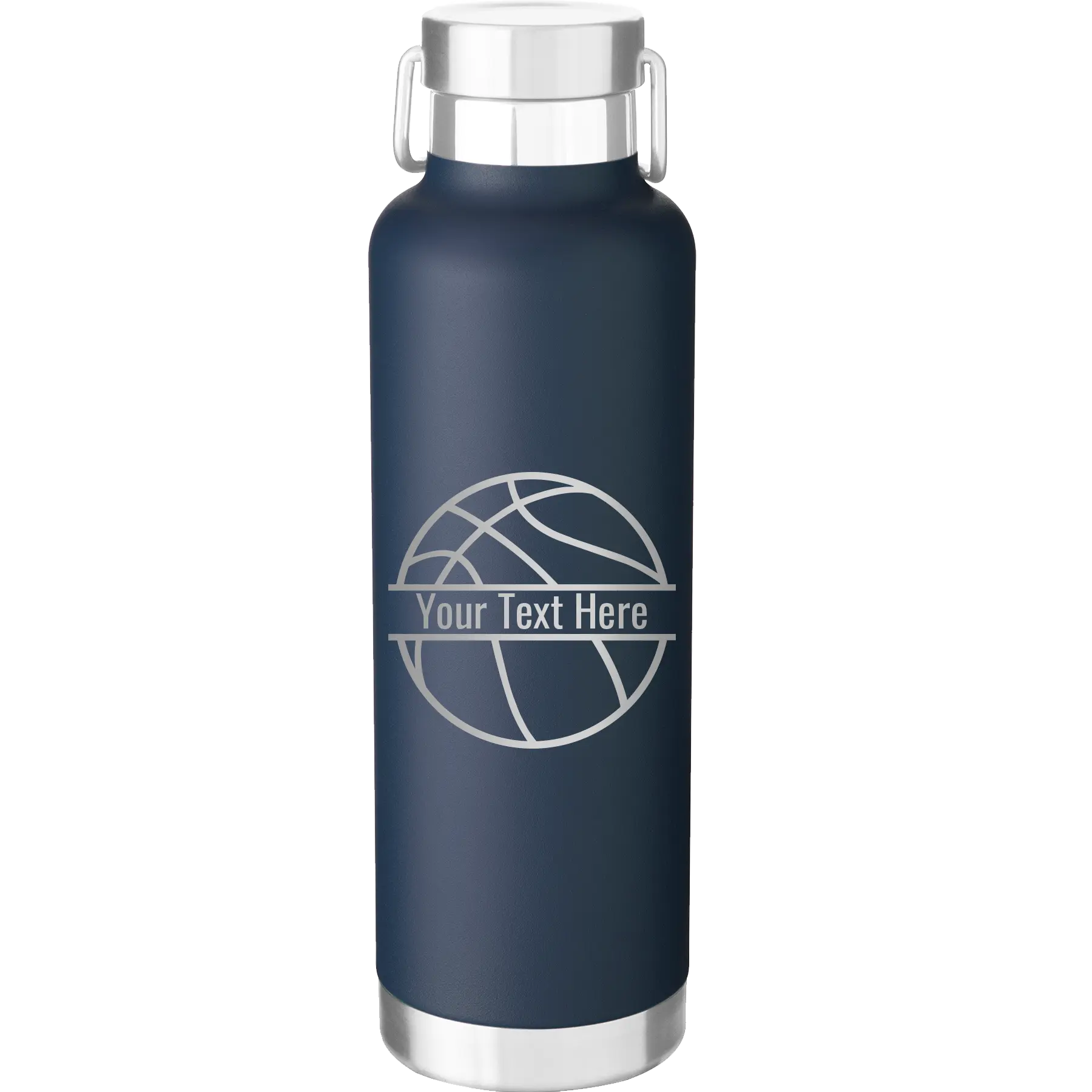 Personalized navy 24 oz vacuum insulated water bottle with 'Basketball' design