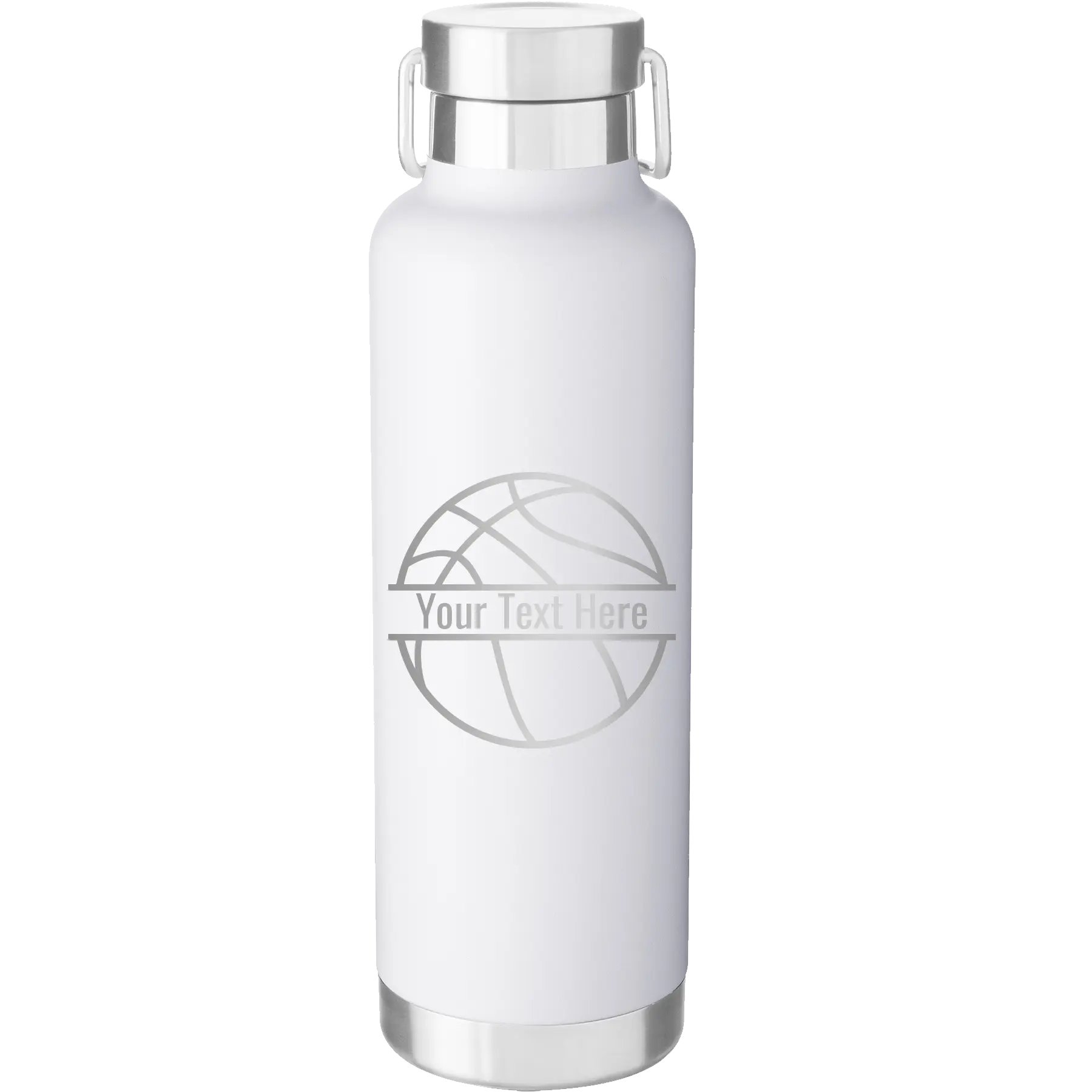 Personalized white 24 oz vacuum insulated water bottle with 'Basketball' design