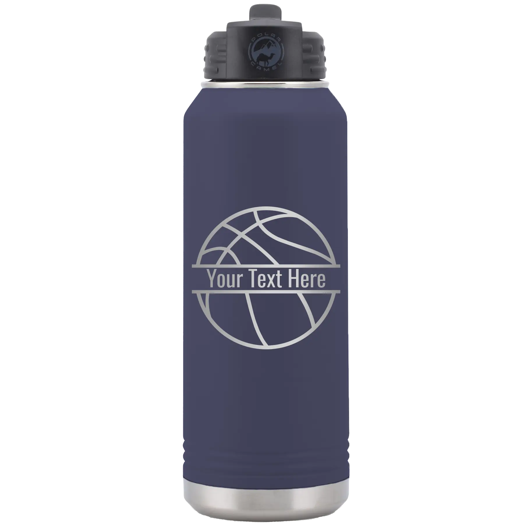 Personalized navy 32 oz vacuum insulated water bottle with 'Basketball' design