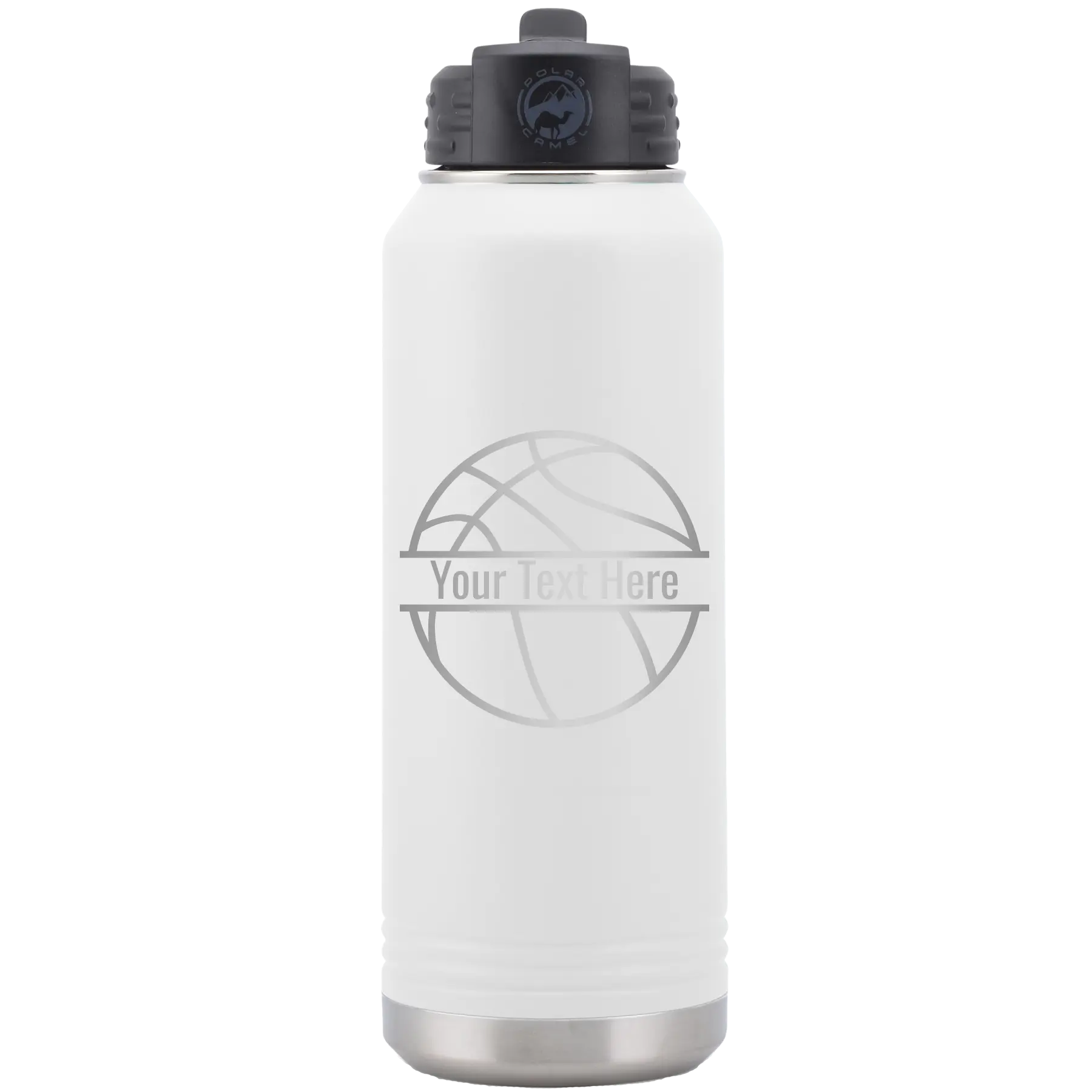 Personalized white 32 oz vacuum insulated water bottle with 'Basketball' design