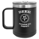 Laser etched black 15 oz vacuum insulated coffee mug with 'Beer Makes Me Hoppy' design