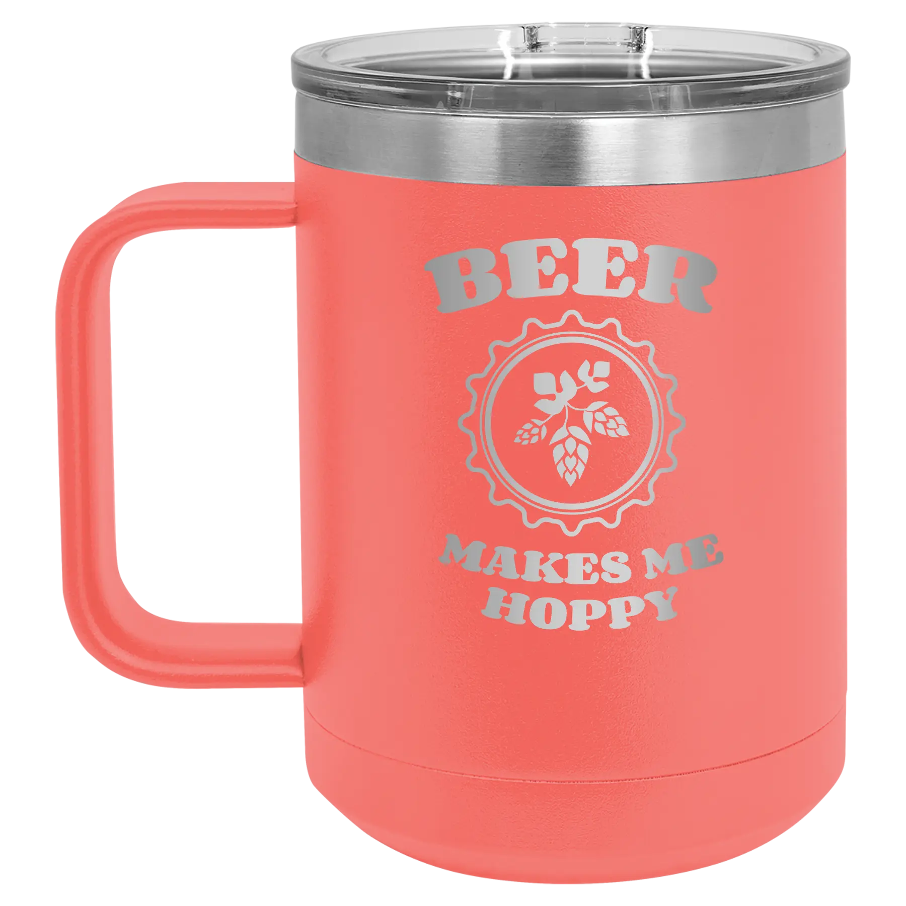 Laser etched coral 15 oz vacuum insulated coffee mug with 'Beer Makes Me Hoppy' design