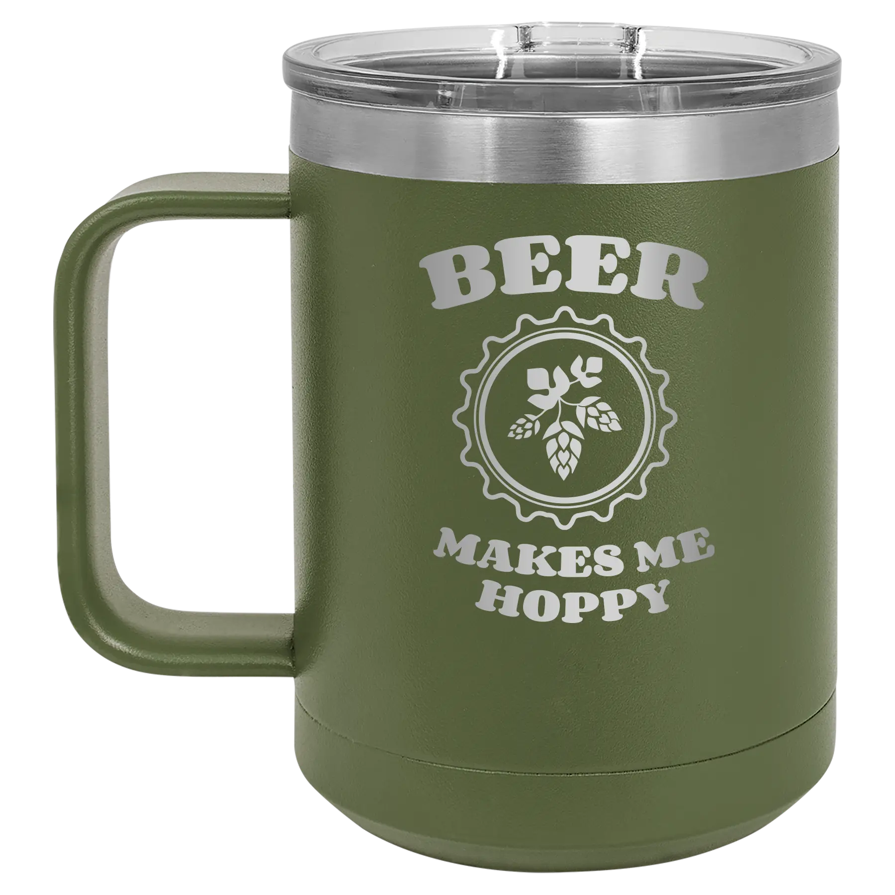 Laser etched olive green 15 oz vacuum insulated coffee mug with 'Beer Makes Me Hoppy' design