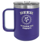 Laser etched purple 15 oz vacuum insulated coffee mug with 'Beer Makes Me Hoppy' design