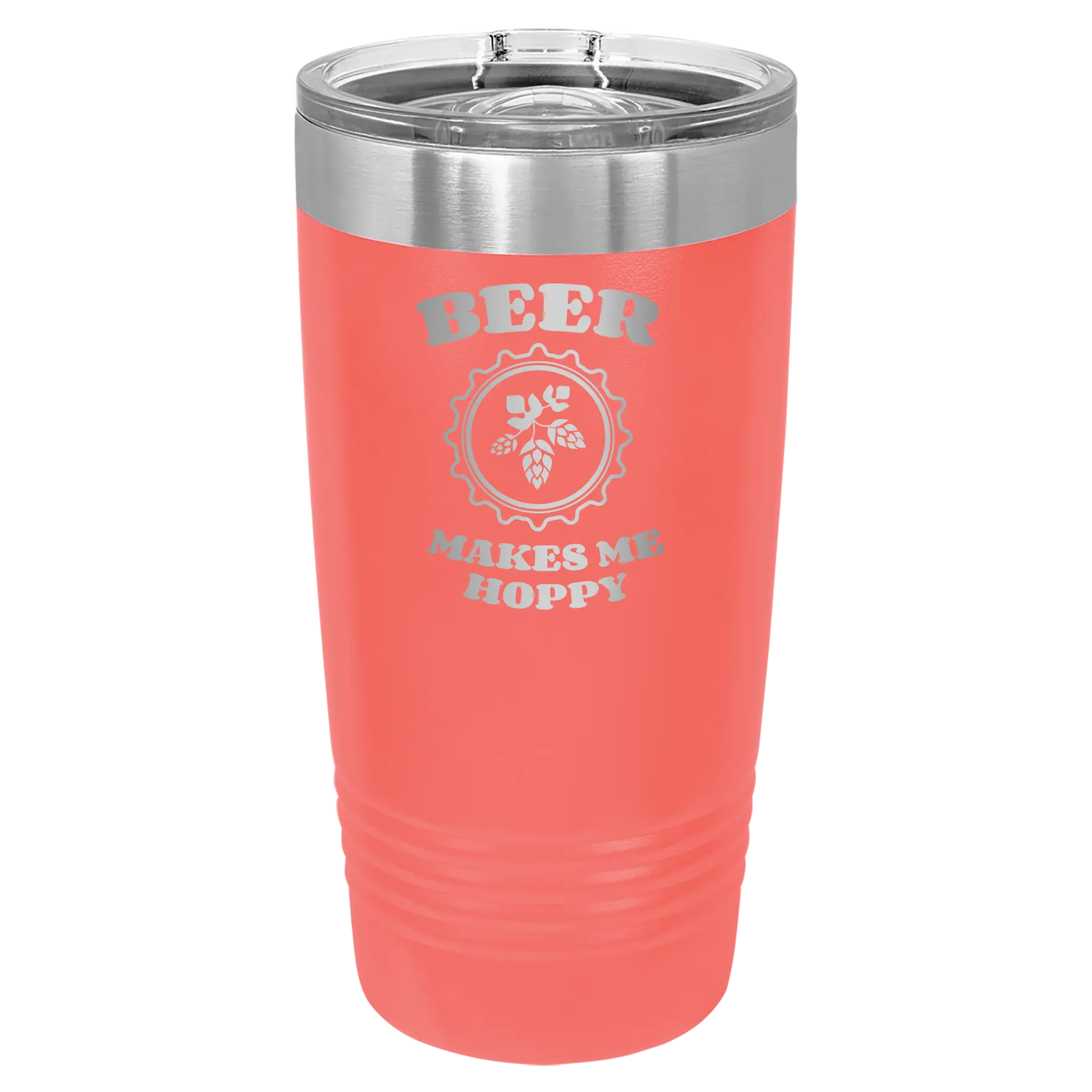 Laser etched coral 20 oz vacuum insulated tumbler with 'Beer Makes Me Hoppy' design