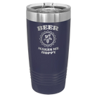 Laser etched navy 20 oz vacuum insulated tumbler with 'Beer Makes Me Hoppy' design