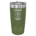 Laser etched olive green 20 oz vacuum insulated tumbler with 'Beer Makes Me Hoppy' design