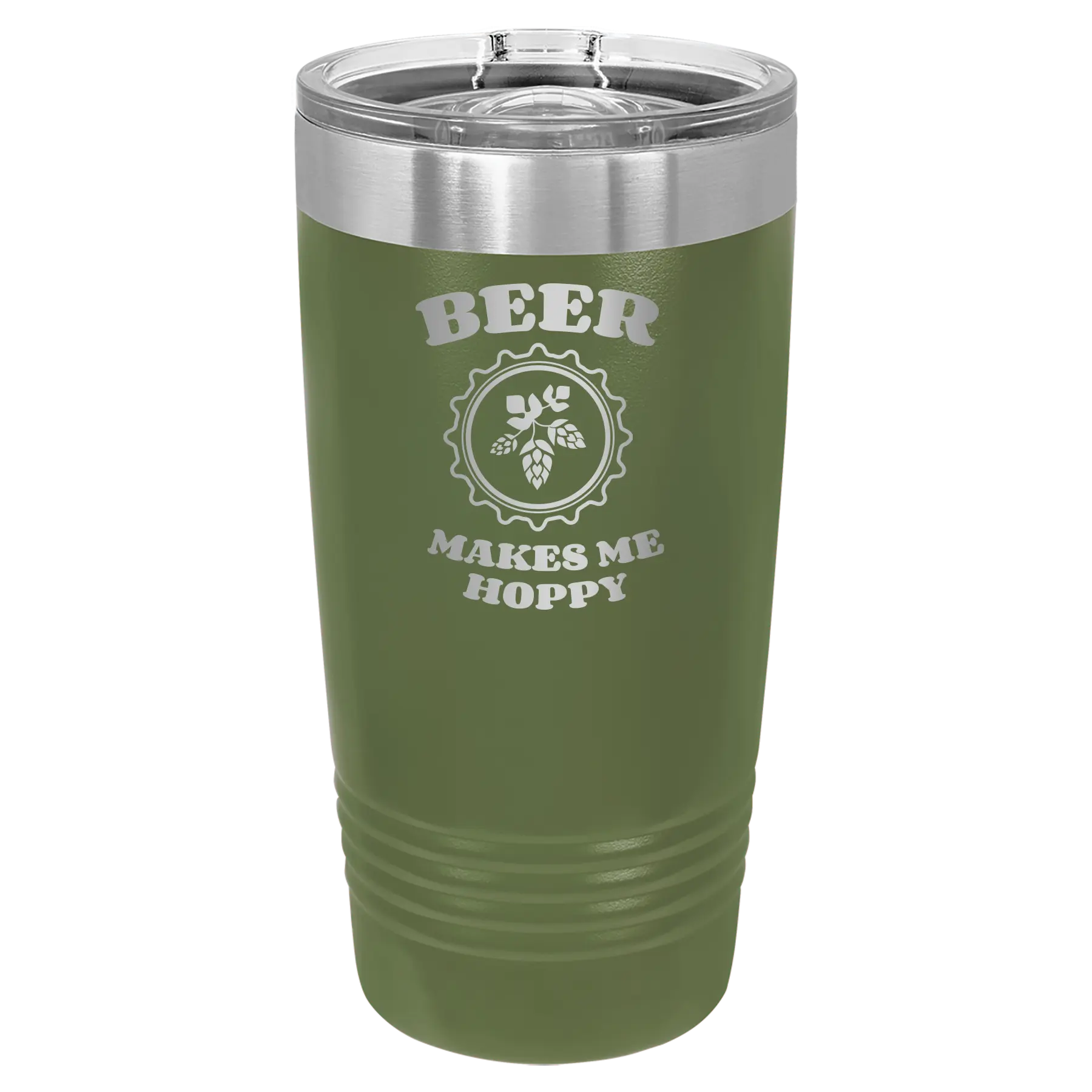 Laser etched olive green 20 oz vacuum insulated tumbler with 'Beer Makes Me Hoppy' design