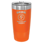 Laser etched orange 20 oz vacuum insulated tumbler with 'Beer Makes Me Hoppy' design