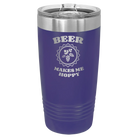 Laser etched purple 20 oz vacuum insulated tumbler with 'Beer Makes Me Hoppy' design