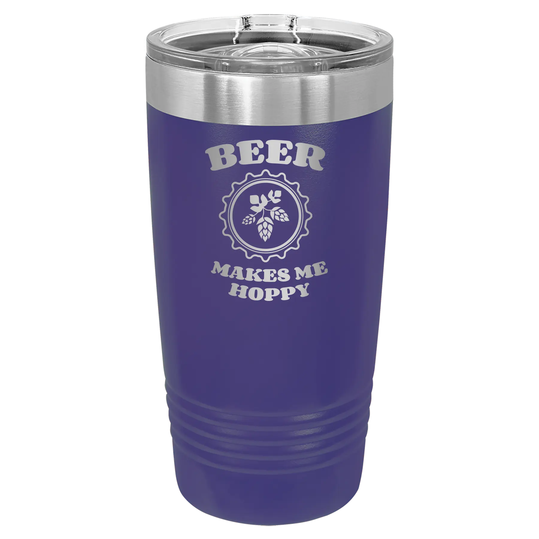 Laser etched purple 20 oz vacuum insulated tumbler with 'Beer Makes Me Hoppy' design
