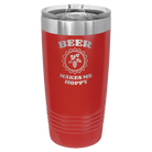Laser etched red 20 oz vacuum insulated tumbler with 'Beer Makes Me Hoppy' design