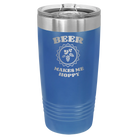 Laser etched royal blue 20 oz vacuum insulated tumbler with 'Beer Makes Me Hoppy' design