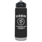 Laser etched black 20 oz vacuum insulated water bottle with 'Beer Makes Me Hoppy' design