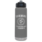 Laser etched dark gray 20 oz vacuum insulated water bottle with 'Beer Makes Me Hoppy' design