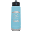 Laser etched light blue 20 oz vacuum insulated water bottle with 'Beer Makes Me Hoppy' design