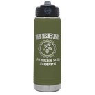 Laser etched olive green 20 oz vacuum insulated water bottle with 'Beer Makes Me Hoppy' design