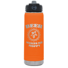 Laser etched orange 20 oz vacuum insulated water bottle with 'Beer Makes Me Hoppy' design