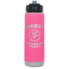 Laser etched pink 20 oz vacuum insulated water bottle with 'Beer Makes Me Hoppy' design