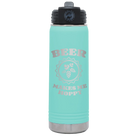 Laser etched teal 20 oz vacuum insulated water bottle with 'Beer Makes Me Hoppy' design