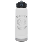 Laser etched white 20 oz vacuum insulated water bottle with 'Beer Makes Me Hoppy' design