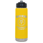 Laser etched yellow 20 oz vacuum insulated water bottle with 'Beer Makes Me Hoppy' design