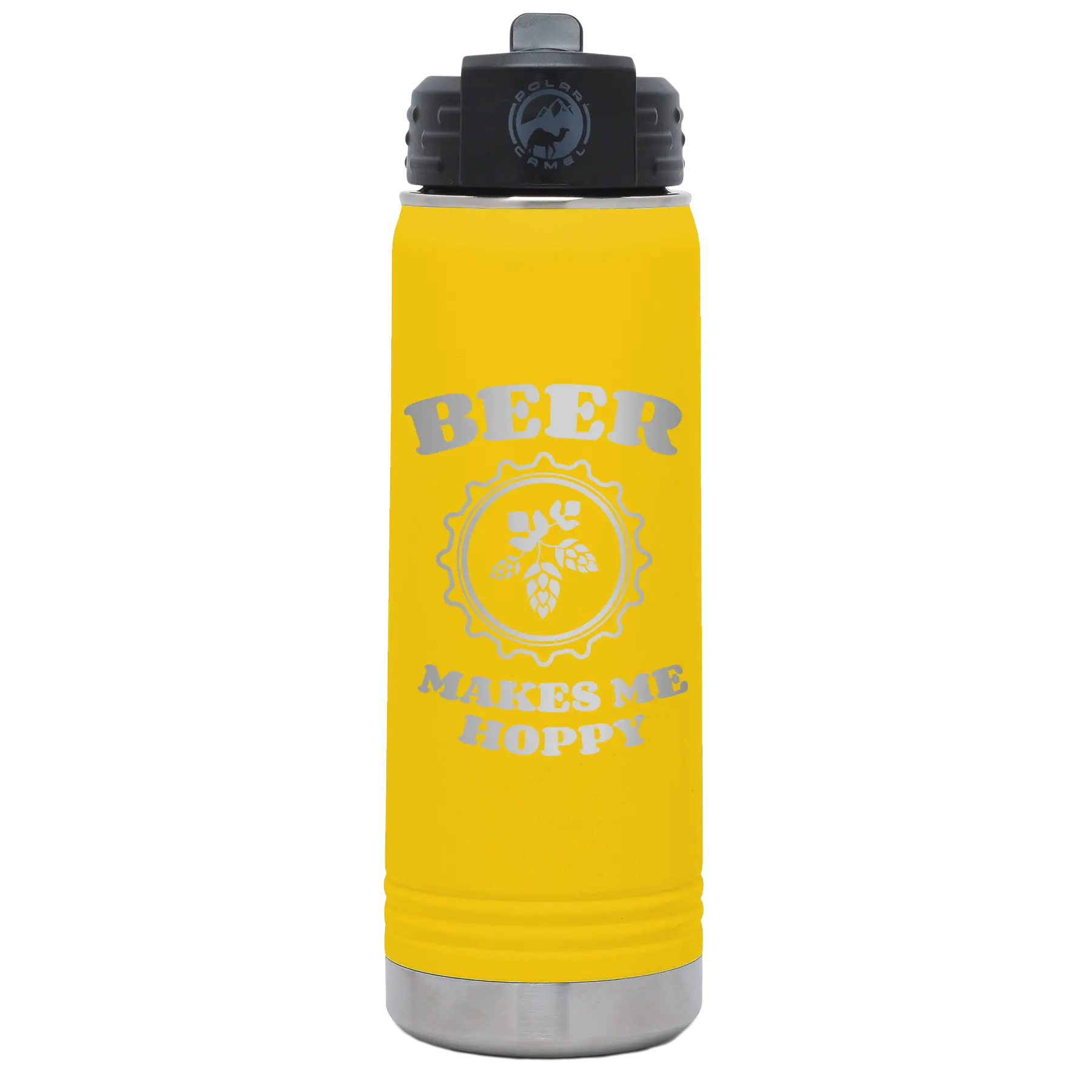 Laser etched yellow 20 oz vacuum insulated water bottle with 'Beer Makes Me Hoppy' design