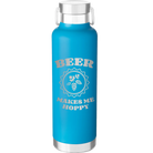 Laser etched aqua 24 oz vacuum insulated water bottle with 'Beer Makes Me Hoppy' design