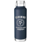 Laser etched navy 24 oz vacuum insulated water bottle with 'Beer Makes Me Hoppy' design