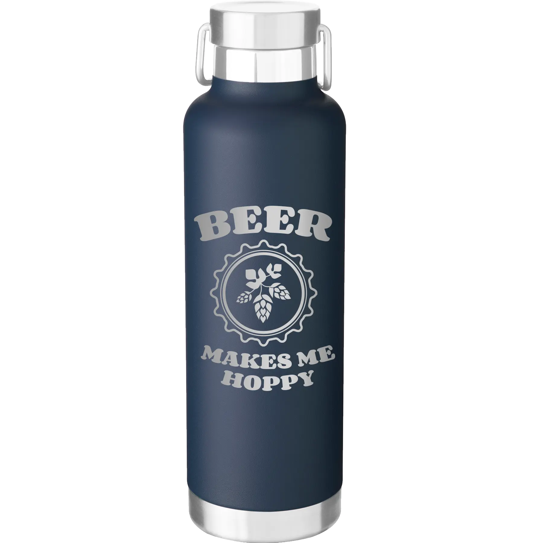 Laser etched navy 24 oz vacuum insulated water bottle with 'Beer Makes Me Hoppy' design