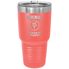 Laser etched coral 30 oz vacuum insulated tumbler with 'Beer Makes Me Hoppy' design