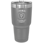 Laser etched dark gray 30 oz vacuum insulated tumbler with 'Beer Makes Me Hoppy' design