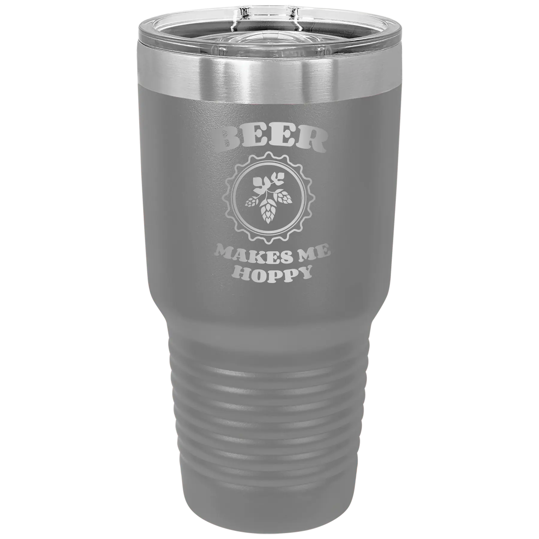 Laser etched dark gray 30 oz vacuum insulated tumbler with 'Beer Makes Me Hoppy' design