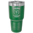 Laser etched green 30 oz vacuum insulated tumbler with 'Beer Makes Me Hoppy' design