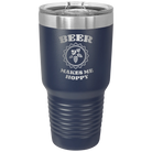 Laser etched navy 30 oz vacuum insulated tumbler with 'Beer Makes Me Hoppy' design