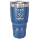 Laser etched royal blue 30 oz vacuum insulated tumbler with 'Beer Makes Me Hoppy' design