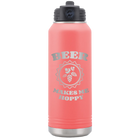 Laser etched coral 32 oz vacuum insulated water bottle with 'Beer Makes Me Hoppy' design