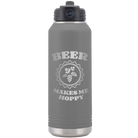 Laser etched dark gray 32 oz vacuum insulated water bottle with 'Beer Makes Me Hoppy' design