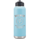 Laser etched light blue 32 oz vacuum insulated water bottle with 'Beer Makes Me Hoppy' design