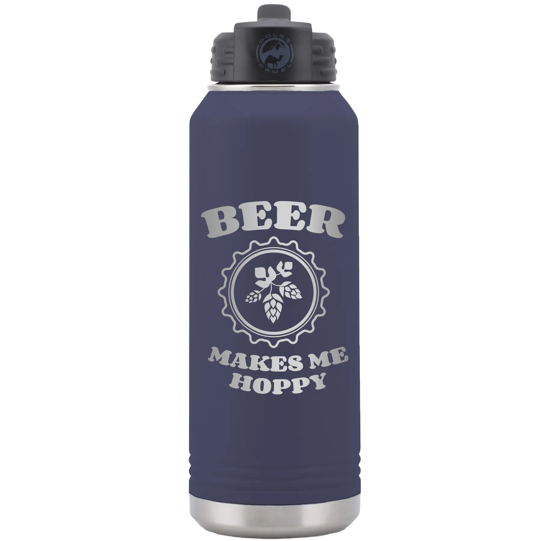 Laser etched navy 32 oz vacuum insulated water bottle with 'Beer Makes Me Hoppy' design