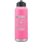 Laser etched pink 32 oz vacuum insulated water bottle with 'Beer Makes Me Hoppy' design
