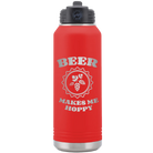 Laser etched red 32 oz vacuum insulated water bottle with 'Beer Makes Me Hoppy' design